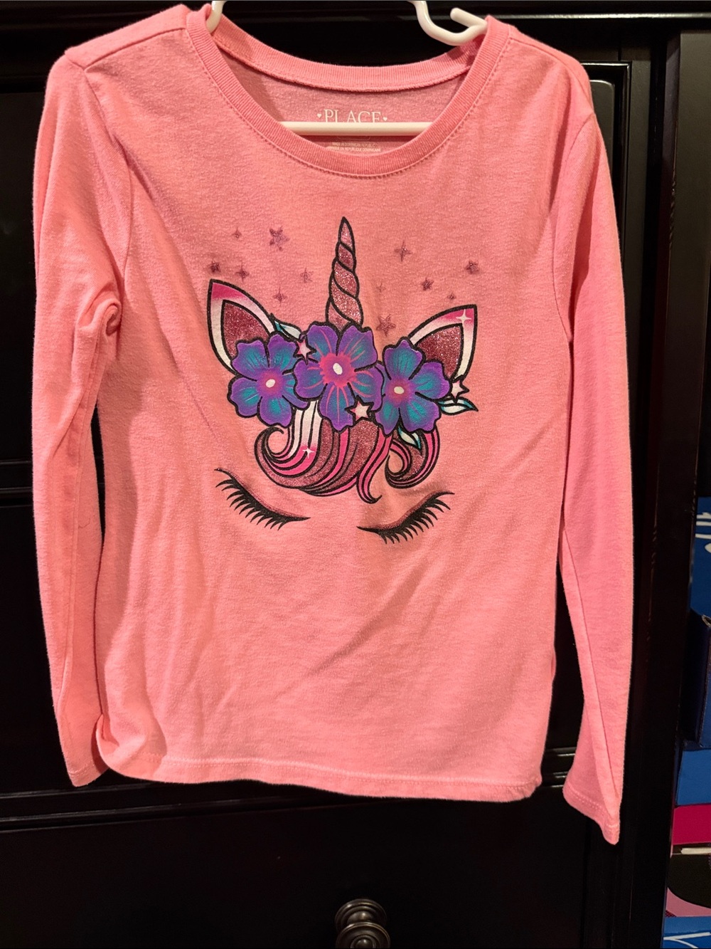 Place Pink Long-Sleeve Unicorn Top with Floral Accent